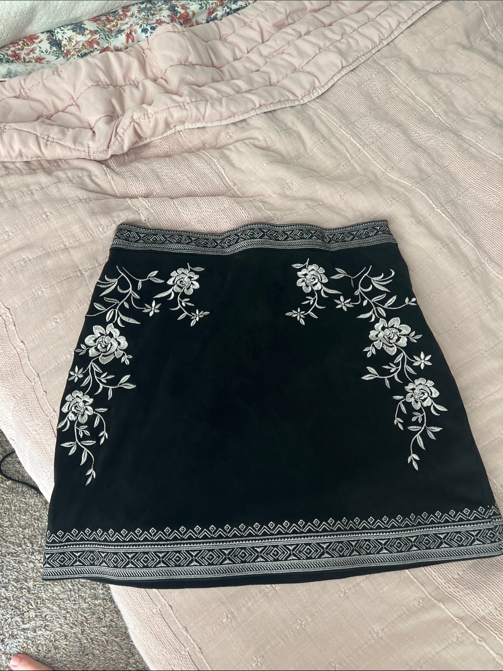 Forever 21 Black Mini Skirt with White Floral Embroidery